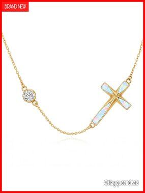 14K Gold Plated Sideways Cross Necklace Opal Birthstone Pendant